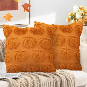 Pumpkin Fall Decorative Throw Pillow Covers 18"x18", Set of 2 Orange Soft Faux Fur Pillow Covers for Autumn Harvest, Fluffy Plush Accent Pillow Cases for Farmhouse Couch Cushion Covers