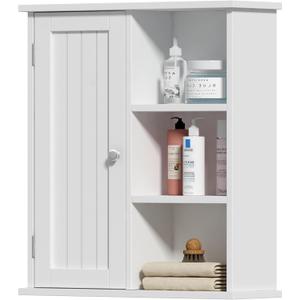Treocho Bathroom Wall Cabinet, Medicine Cabinet with Door and 3 Open Shelves, Wall Mounted Storage Organizer for Bathroom, Kitchen, Living Room, White (6.3"D x 21.5"W x 24.02"H)