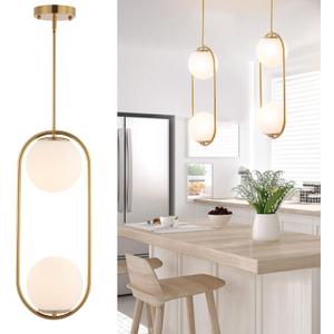 Modern Gold Globe Chandelier 2-Lights Mid Century Pendant Light Brushed Brass Ceiling Hanging Lighting Fixture with White Globe Glass Lampshade for Kitchen Island Dining Room Bedroom