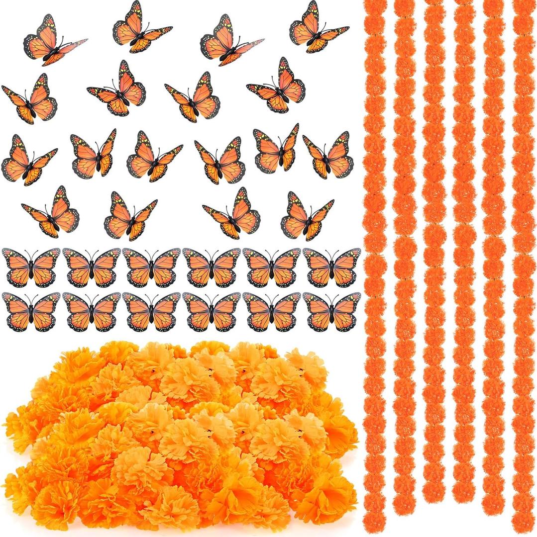 Yunsailing 96 Pcs Day of The Dead Decoration Set 6 Pcs 5 ft Artificial Marigold Flowers Garland 30 Pcs Monarch Butterfly Decor 60 Pcs Mexican Flowers Decor for Dia De Los Wedding (Deep Orange)