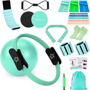 Pilates Equipment Kit for Home Workout, Pilates Ring and Ball Set for Women, 14'' Magic Circle Essentials Accessories Kit with Wrist Weights, Resistance Bands, Yoga Strap, Core Sliders, Socks, Bag