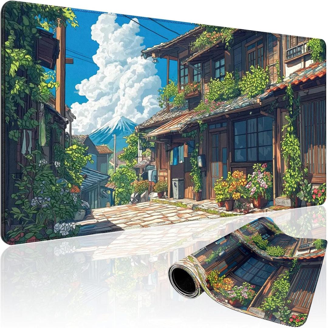 Japanese Street Scene Large Gaming Mouse Pad 31.5"x15.7"XXL Desk Mat, Non-Slip Rubber Base & Stitched Edges - Extended Waterproof Mousepad for PC/Laptop/Office/Home Decor