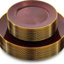 Hioasis 60pcs Burgundy and Gold Plastic Plates - Burgundy Disposable Dinnerware Set, 30pcs Dinner 10.25in & 30pcs Dessert 7.5in Plates with Striped Designs for Party & Wedding