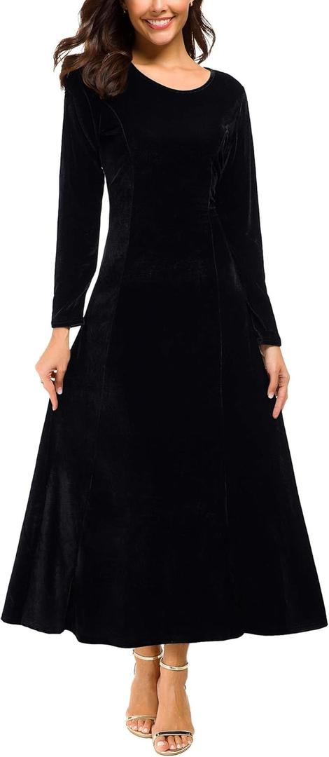Urban CoCo Women's Elegant Long Sleeve Ruched Velvet Stretchy Long Dress (Medium, Black)