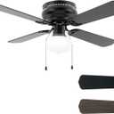 42 Inch Ceiling Fan Traditional: Flush Mount with LED Light - Pull Chain Control- Dual Finish Blades - Reversible for Bedroom, Home OfficeMatte Black
