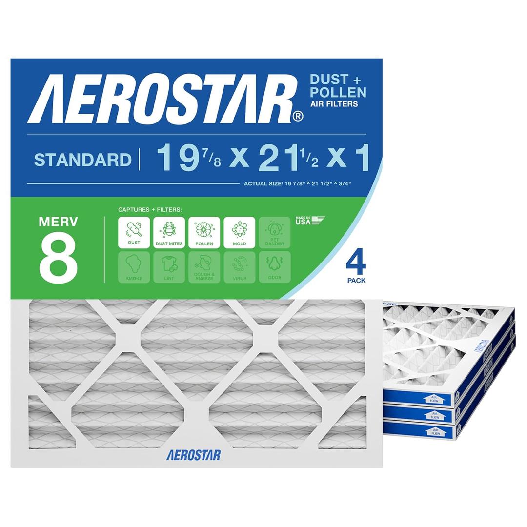 Aerostar 19.875x21.5x1 MERV 8 - 4 Count - High Efficiency Pleated HVAC, Furnace & Air Conditioner Filters - Removes Dust, Lint, Mold & Allergy-Causing Pollen