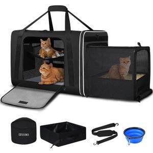 Petskd Side Expandable Extra Large Cat Carrier with Litter Box Area, 24"x17"x17" Soft-Sided Pet Carrier for 2 Cats Under 55 lbs with Zipper Locks for Car Travel(Black)