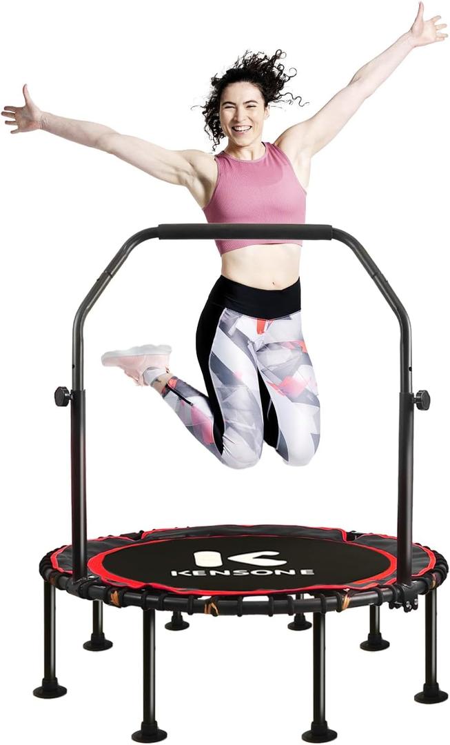 40/48" Foldable Rebounder Trampoline for Adults with Bungee, 450/550 LBS Quiet Indoor Mini Trampoline for Adults Fitness, Gym Workout, Home Exercise (Red)