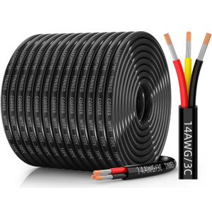 14 Gauge Wire 3 Conductor Electrical Wire, 14 AWG Tinned Copper Stranded PVC Cable, IP68 Waterproof/Flexible/Low Voltage Cord for Automotive, Marine, Solar, LED Lighting (200FT)
