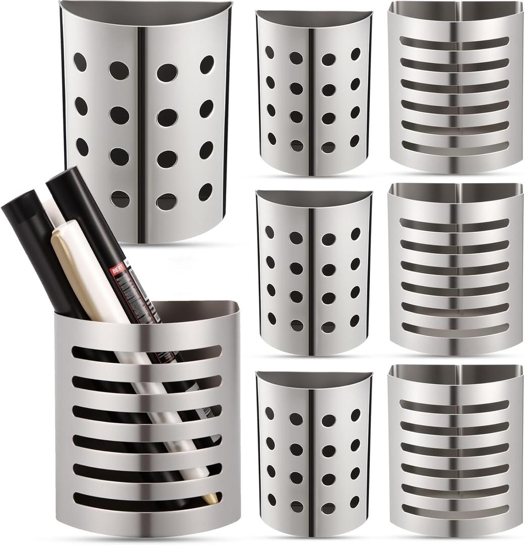 8 Pack Magnetic Pen Pencil Holder School Desk Organizer for School Locker, Blackboard, Kitchen, Refrigerator, Home, Office, Stainless Steel 2 Styles and Sizes, Silver