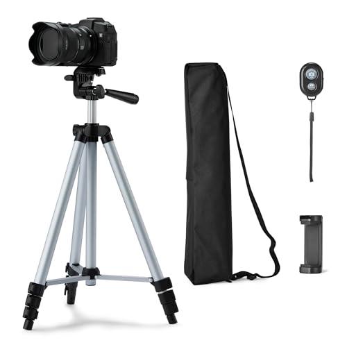 Amazon Basics 50" Lightweight Tripod for Camera and Phone with Travel Bag, Remote Control and Phone Holder, Height Adjustable, Aluminum, Silver