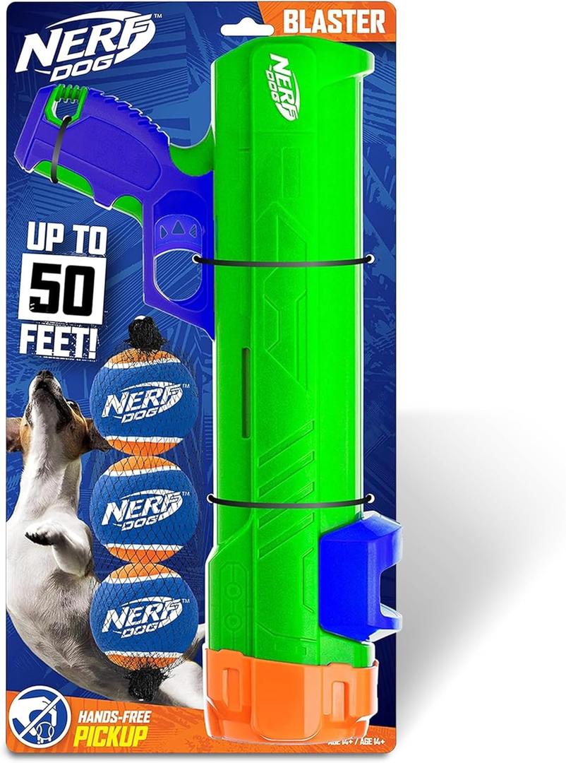 Nerf Dog Tennis Ball Blaster Dog Toy Gift Set, Tennis Ball Dog Fetch Toy Launches up to 50 ft, Dog Ball Thrower for All Breeds Includes Green Tennis Ball Launcher and 3 Dog Tennis Balls (16 in Compact Blaster with 3 Balls)