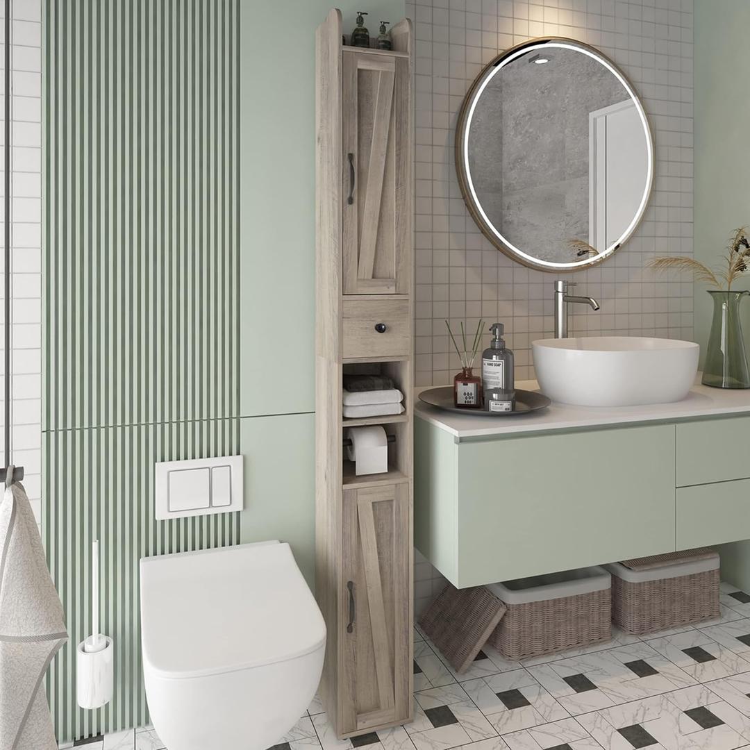 Bathroom Storage Cabinet with Adjustable Shelf, Tall Narrow Cabinet with Retractable Toilet Paper Rod and 8 Storage Compartments, Brown Gray (Greige)