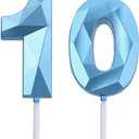 2 inch Blue 10 Birthday Candles, 3D Diamond Number 10 Cake Topper for Boys Girls Birthday Party Decorations Theme Party