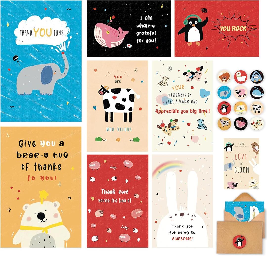 24 Funny Thank You Cards with Envelopes Bulk, 8 Designs set of 24 Cute Thank You Notes for Kids Baby Shower, Kids ThankYou Card For Teachers Appreciation