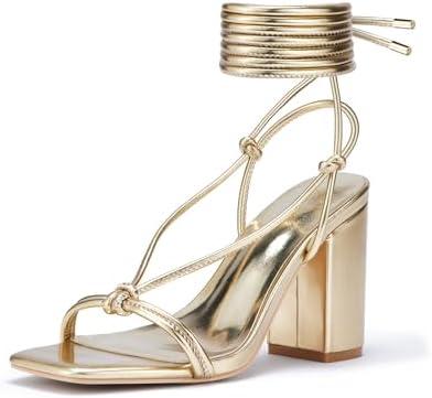 GENSHUO Square Toe Sandals Women Lace up Chunky High Heels Strappy Sandals Block Heeled Ankle Wrap Homecoming Wedding Dress Shoes Gold Size 10
