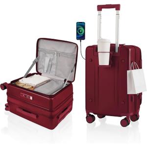 Expandable 20Inch Carry On Luggage Airline Approved - Top Opening Hardside Travel Suitcase Unbreakable -with Cup Holder,USB Charge,Side Pothook, 360Spinner Wheels, TSA Lock-Wine Red