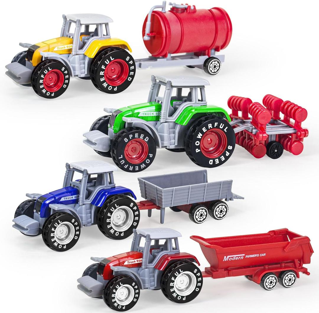 Tcvents 4 Pack Farm Tractor Toys, Die cast Tractor Toys with Trailers for Kids 3-5 Detachable Alloy Farm Tractors and Truck Toys for Toddlers Boys 3 4 5 6 7 8 Birthday Gift & Cake Toppers
