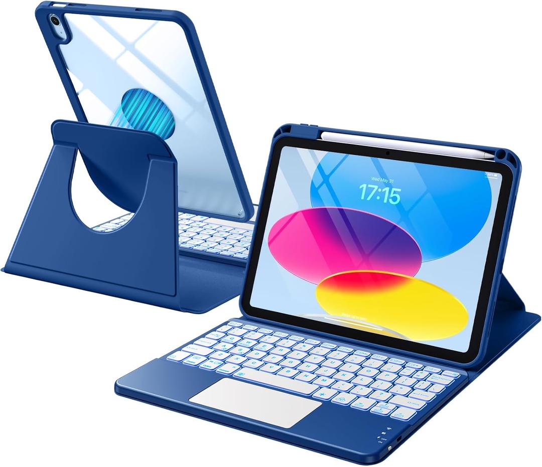 Harvopu for iPad 10th/11th Generation A16 Case with Keyboard, 360 Rotation Detachable Cover with Pencil Holder, Multi-Touch Trackpad, 7 Colors Backlit Keyboard for iPad (A16)/10th Gen (Navy Blue)
