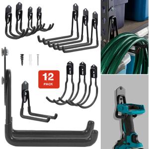 Wallmaster Garage Hooks Organizer Kit, 12 Pack Adjustable Heavy Duty Shelving Hook, Wall Mount Utility Steel Garage Organization (Black)