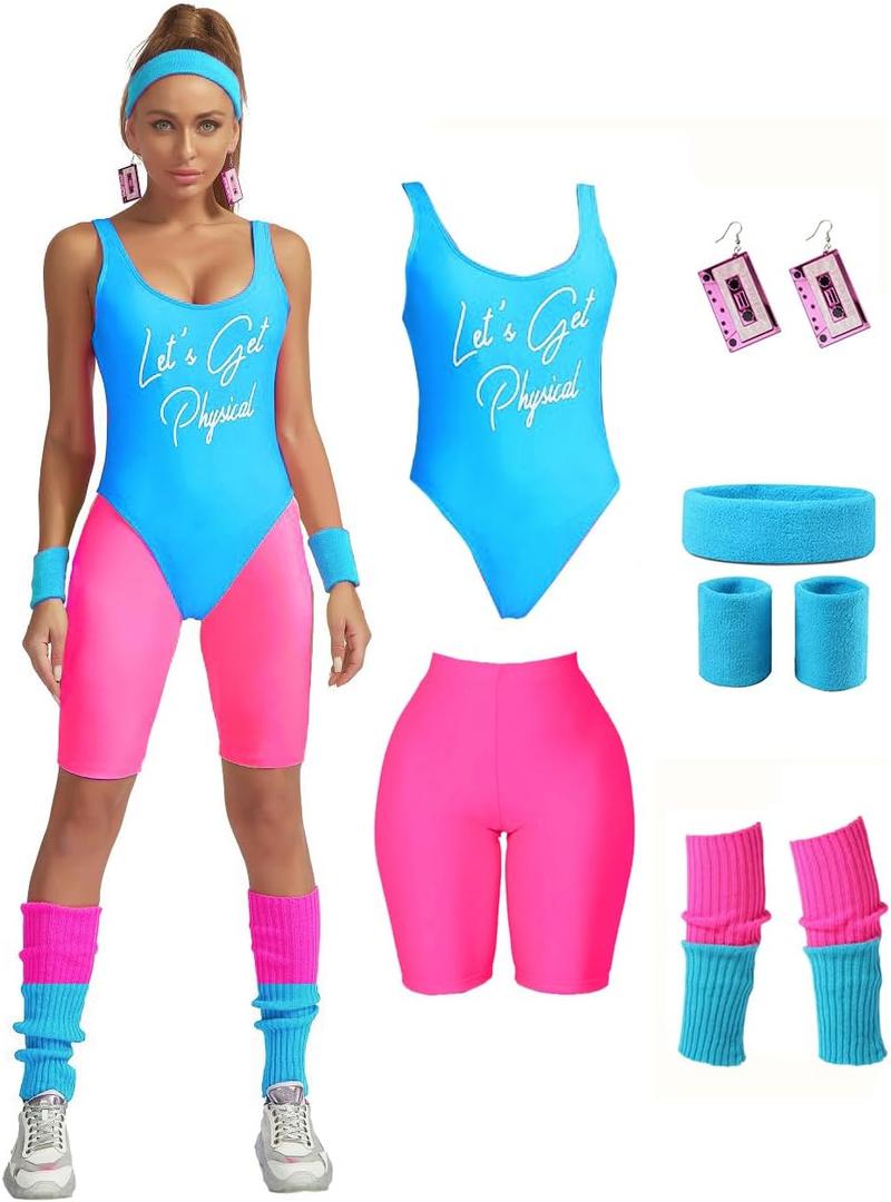 MIAIULIA Womens 80s Workout Costume Outfit 80s Accessories Set Leotard Neon Legging Headband Wristbands Set (Large, Lets Get Physical Short Blue)