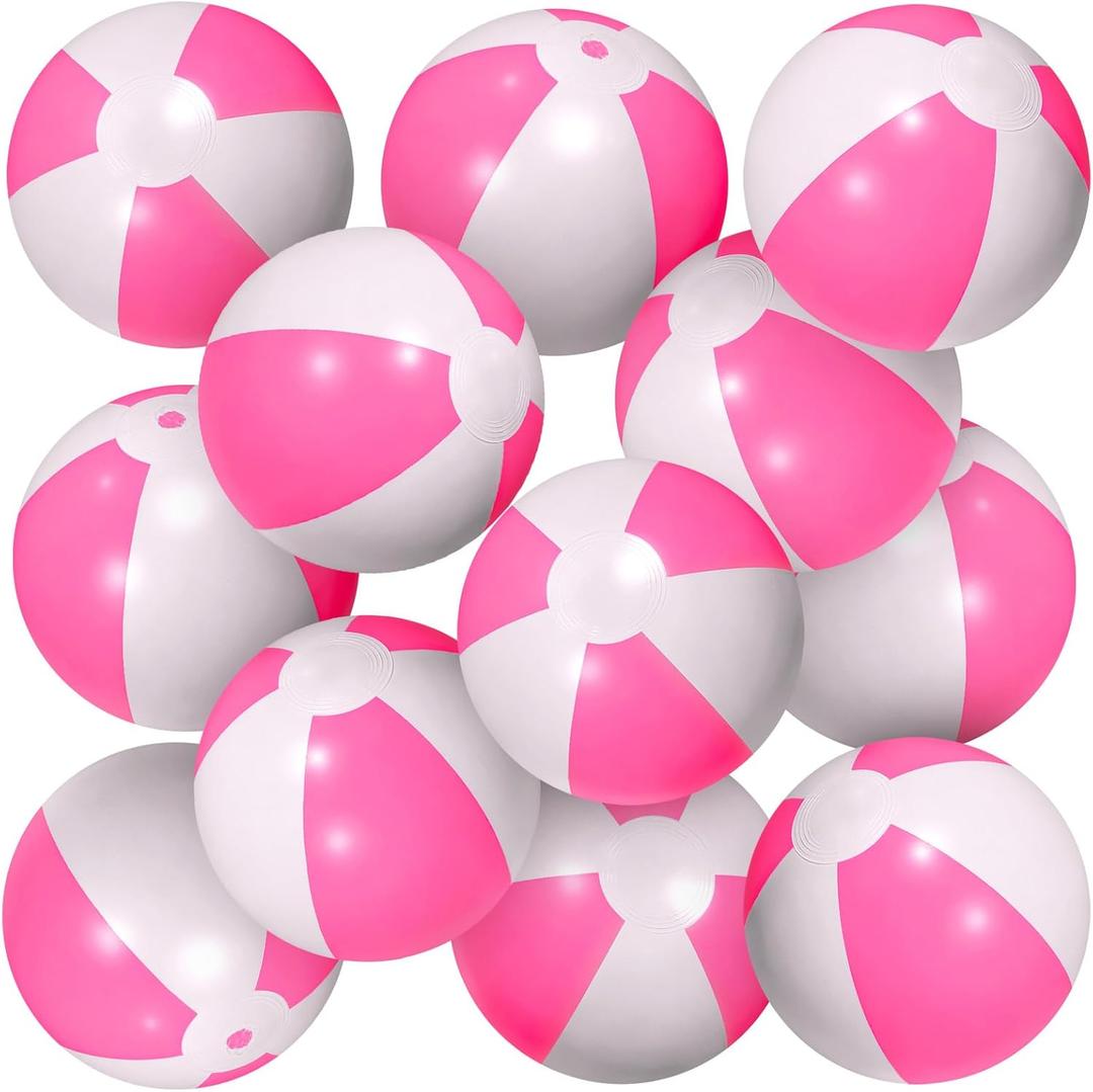 AMOR PRESENT 12PCS Beach Balls Bulk, 8.5" Pink and White Inflatable Blow Up Pool Balls, for Kids Swimming Pool Beach Party