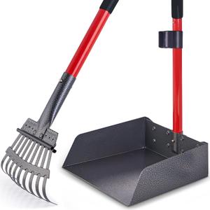 Pooper Scooper for Large Dogs, Small Dogs and Horses, Metal Poop Scooper Set with Long Handle Rake and Tray for Yard, Grass, Dirt or Gravel, Heavy Duty Aluminum Poop Picker Upper (2 Piece Set)