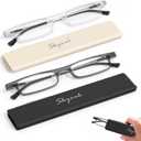 SKYOAK 2 Pack Ultra Thin Lightweight Folding Reading Glasses for Women, TR90 Compact Anti Blue Light/Eyestrain Computer Readers, Foldable Unique Stretchable Slim Flat Case, Gunmetal and Clear +1.5