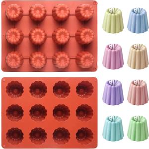 Canele Molds Canele Mold Silicone,12-Cavity Non-Stick Canele Mold Baking Cake Pan for Bread Muffin Candle Ice Cream Jelly Pudding Soap Making, Red