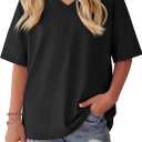 Oakgarden Girls' Shirts 5-14 Years Oversized Short Sleeve Summer T-Shirts V Neck Drop Shoulder Top Kids Casual Basic Cute Tee (Black)