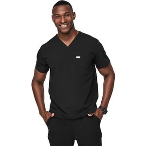 FIGS Leon Scrub Top for Men  3 Pockets, Tailored Fit, Modern V-Neck, 4-Way Stretch, Moisture-Wicking (XX-Large, Black)