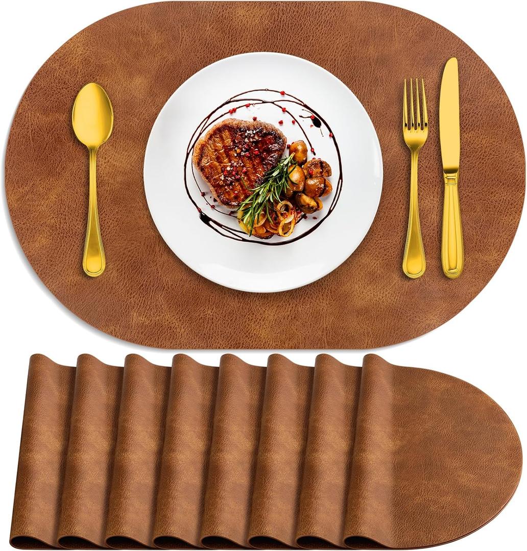 ADRIMER Placemats, Heat Resistant Oval Placemats Set of 8 Washable 12 x 17 Inch, Waterproof Table Mats, Wipeable Pu Place Mats for Kitchen, Dining Room, Turmeric Brown