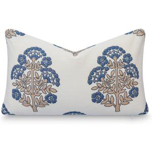 Crumbs Home California Casual Coastal Indoor Outdoor Lumbar Pillow Cover, 12"x20" Water Repellent for Patio, Backyard, Couch, Poolside, Earth Tone Tan Azure Blue Block Print Hydrangea Flowers