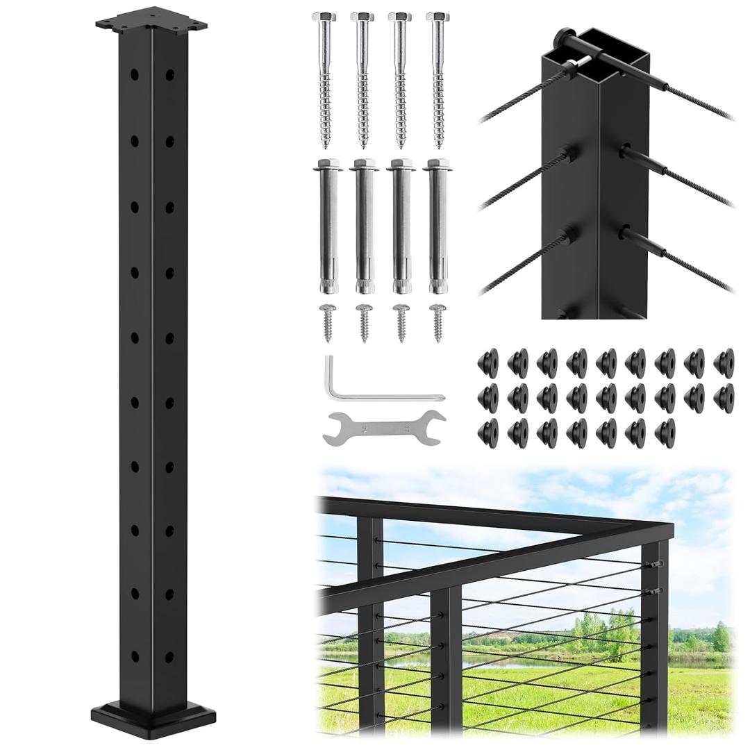 CKE T-Drilled Corner Post Cable Railing, Three Sides T-Drilled 36" Cable Railing Corner Post (Post 35"x2"x2") with Cable Grommets, 90 Black Finish Stainless Steel Corner Post for Indoor Outdoor, CP02
