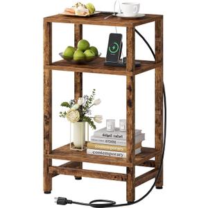Creso hom Side Table with Fast Charging Station, 3 Tier End Table with Type C and USB Port, Small Bedside Tables for Small Space, End Tables for Living Room, Bedroom, Office, Rustic Brown