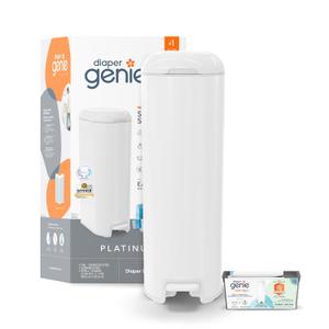 Diaper Genie Platinum PailHands-free odour-locking diaper pail (white) includes Easy Roll tear-off bags holding up to 846 newborn diapers.