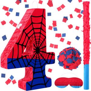 Number 4 Spider Web Piata Bundle with Blindfold Small Piata for Kids Birthday Party Decoration Mexican Fiesta Cinco De Mayo Anniversary Celebration Gift, 15.75 x 11 x 2.8 In(Red Blue)
