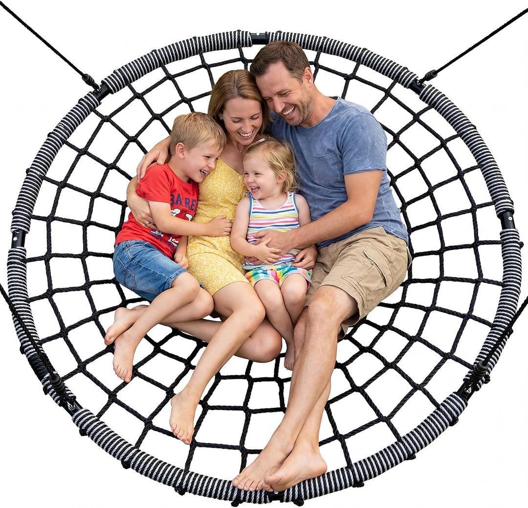 Trekassy 60" Large Spider Web Saucer Tree Swing for Kids & Adults, 750lbs Heavy Duty Outdoor Net Swing with Steel Frame and 2 Tree Hanging Straps - Grey+Black (Patented)