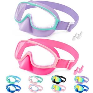 Vvinca Swim Goggles with Nose Cover, Fabric Strap Toddler Kids Swimming Goggles Diving Mask Anti-Fog/UV No Leak for Age 3-15 Blue and Purple