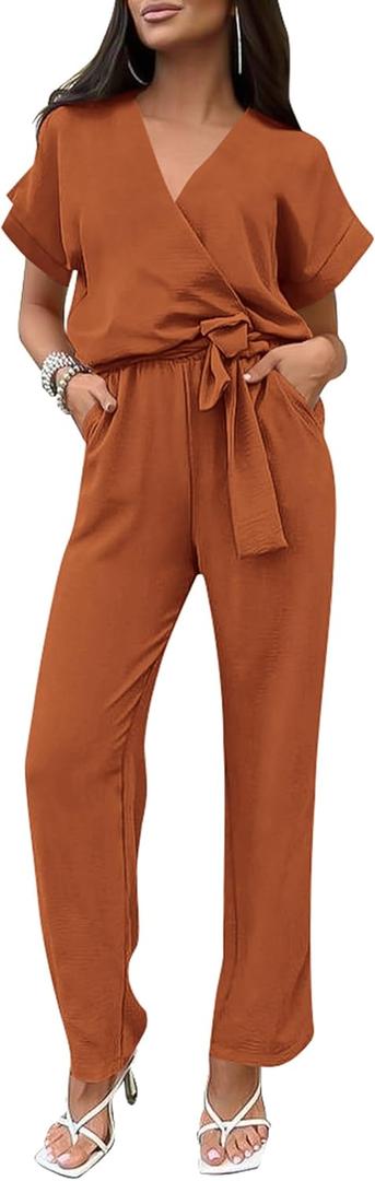 PRETTYGARDEN Women's One Piece Jumpsuits Dressy Casual Summer Short Sleeve Wrap V Neck Wide Leg Pants Romper Spring Clothes (Large, Caramel)
