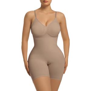 SHAPERX Women's Bra Free Bodysuits Tummy Control Shapewear Mid Thigh Body Shaper with Removable Pads, SZ5468-Sienna-S/ M