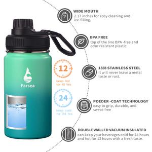 Farsea Insulated Water Bottle With Paracord Handle, Protective Silicone Boot and 2 Lids (Straw Lid & Spout Lid), Stainless Steel Water Bottle Wide Mouth, Double Wall Sweat-Proof BPA-Free,12 oz (Mint/Green)