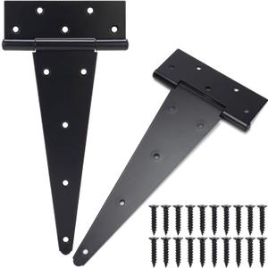 12 Inch T-Strap Gate Hinges, Shed Barn Door Hinges Heavy Duty, Black Tee Hinges for Wooden Fences, Yard Gate, Wrought Hardware Iron Rustproof (2 Pack/Set)