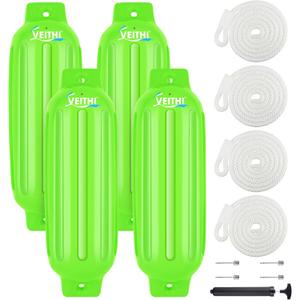 VEITHI Large Boat Fenders 4Pack 8.5 x 27,Ribbed Twin Eyes Vinyl Boat Bumpers Fenders,Boat Bumpers for Docking Come with Ropes Needles and Pump to Inflate,Pontoon Boat Fenders for Docking Neon Green 