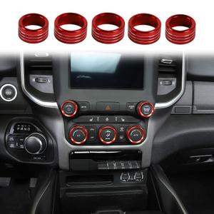 Voodonala Aluminum Center Console AC Radio Headlight Dashboard CD Switch Climate Control HVAC Knob Cover for 2018-2026+ Dodge RAM Interior Accessories, 5pcs Red(Didnt fit Sports & Special Editions)