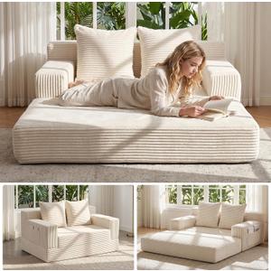 Convertible Sofa Bed,Small Boneless Couch & Boneless Loveseat,Pull Out Couch Bed for Small Spaces,Premium Luxe Corduroy Folding Floor Futon Sleeper with Side Pocket & 2 Pillows,No Assembly Required, Lovseat