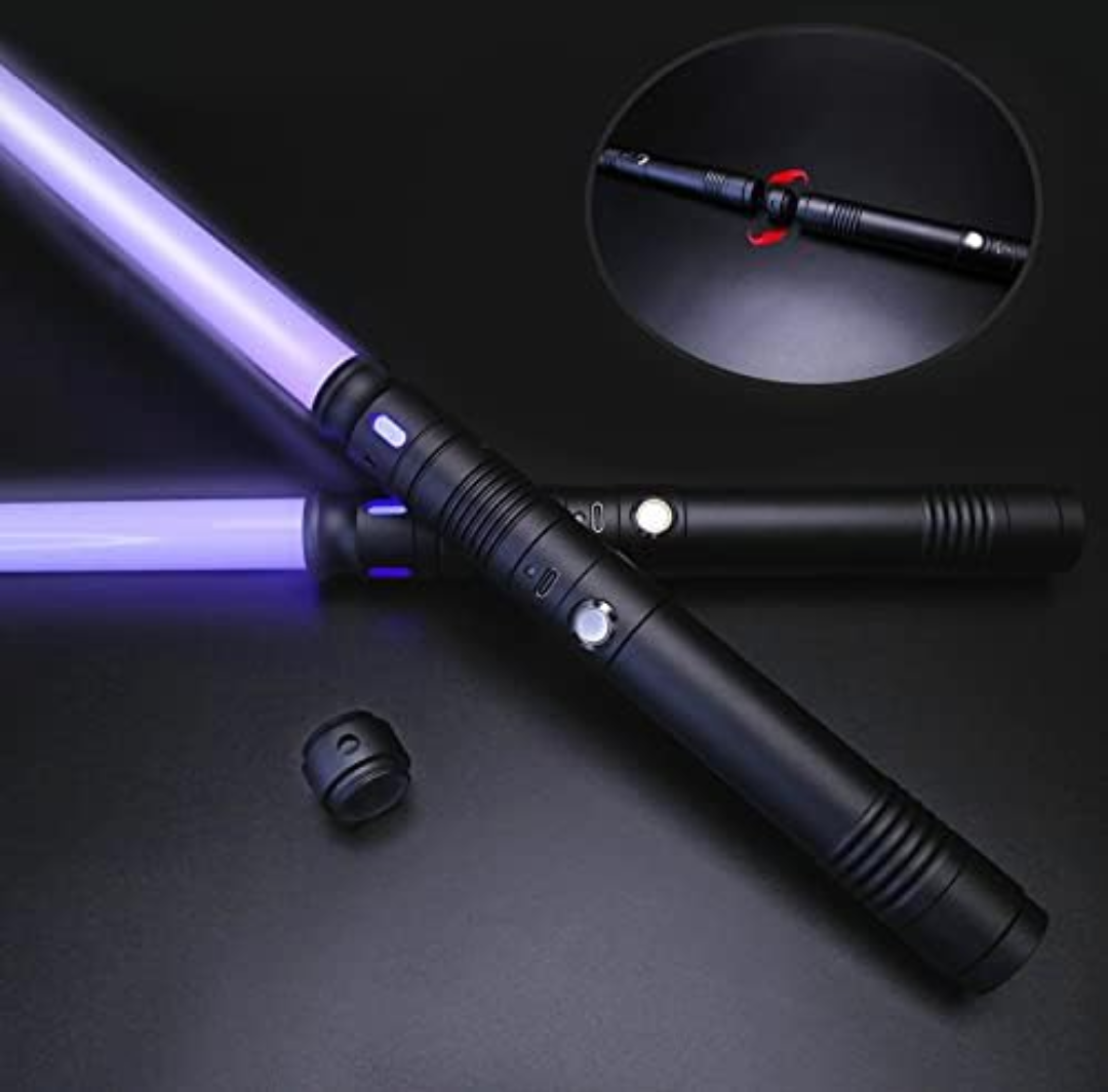 2 Pack Rechargeable Lightsabers with Connector, Metal Hilt Light Sabers, Durable PC Blade, USB Charging, Combine into Double Staff, 12 Colors LED, Sound Effects, Dueling Toys for Kids Adults, Gifts
