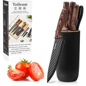 Knife Set, Toileum 11 Piece Black Kitchen Knife Block Set, Anti-Rust Non-Stick Stainless Steel Chef Knife Sets with 6 Blade Guards for Kitchen, Ergonomical Design (Black)