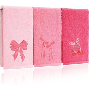 3 Pcs Pink Hand Towels for Bathroom Coquette Bow Embroidered Decorative Towel 100% Cotton Soft Absorbent Kitchen Facecloth Preppy Bathroom Decor Bridal Shower Wedding Gift 13.7 x 29.5''