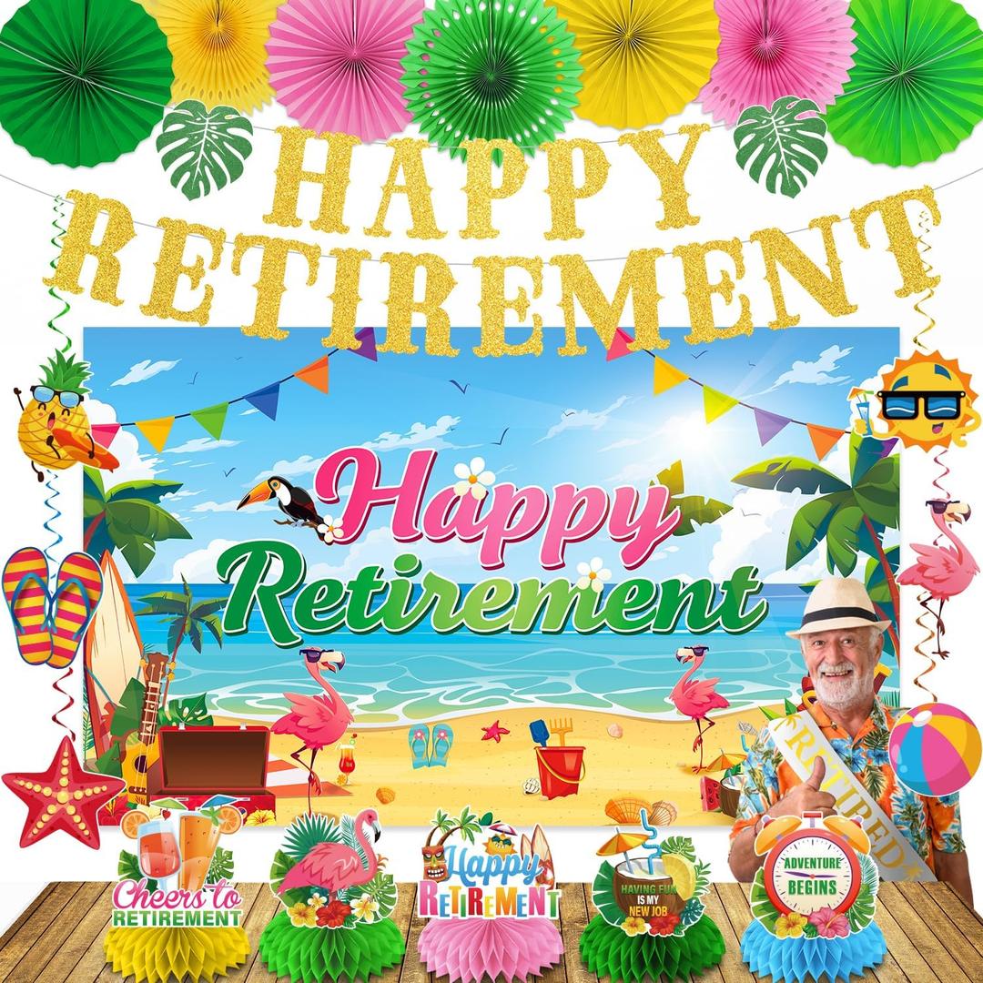 Luau Hawaiian Retirement Party Decorations, 23Pcs Beach Retirement Party Happy Retire ment Banner Backdrop, Tropical Retire ment Decorations Honeycomb Centerpieces Hanging Swirls Paper Fans
